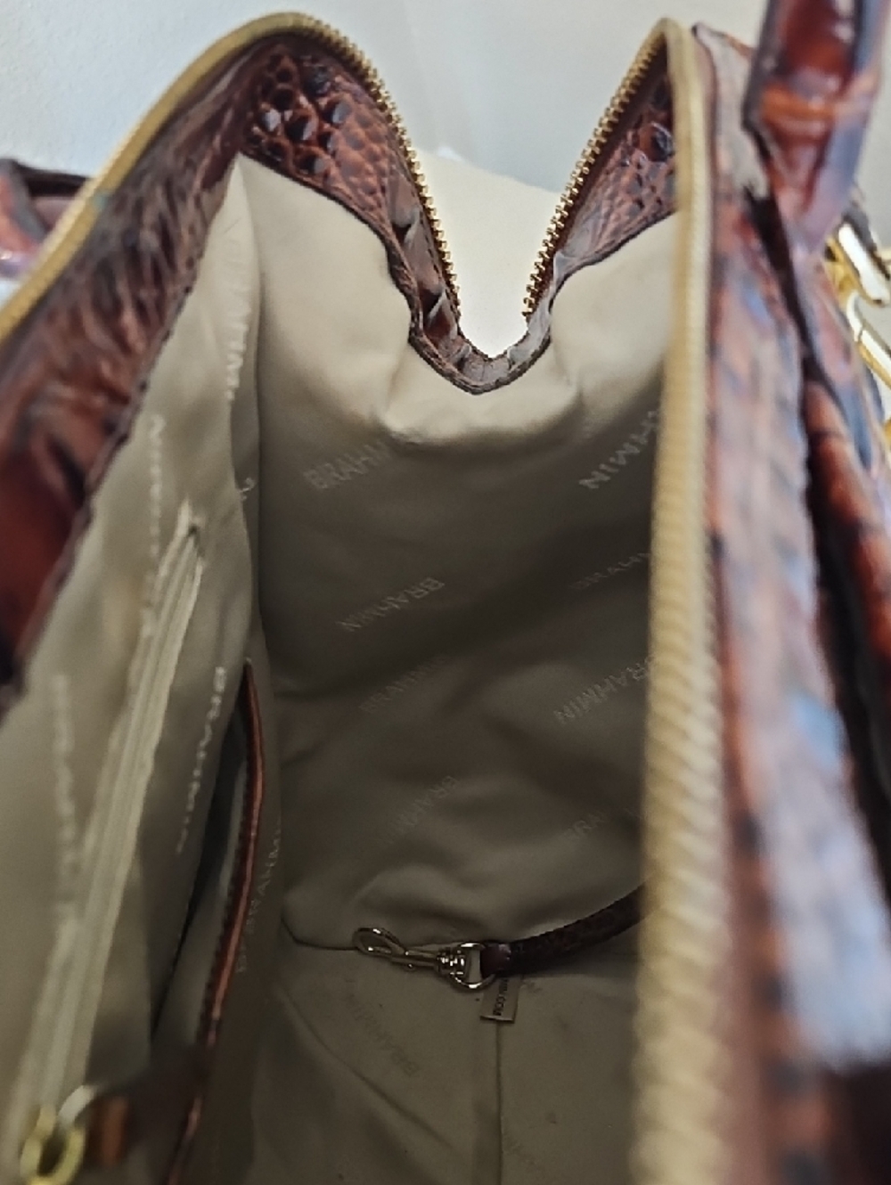 Brahmin Tan Straw Satchel with Brown Faux-Croc Trim - Picture 8 of 11